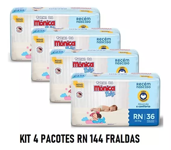 Kit 04 Pct Fralda Turma Da  Mônica Jumbo Recem Nascido 36un