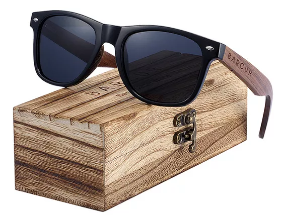 Gafas De Sol Barcur Con Varillas De Madera De Nogal Lente Negro Armazón Negro Diseño Retro