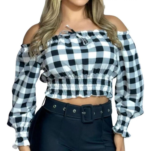 Camisa Feminina Xadrez Blusa Cropped Manga Longa  Junina