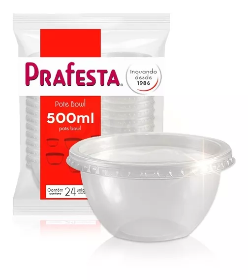 Pote Plástico Descartável Redondo Bowl 500ml Tampa - 40 Un.