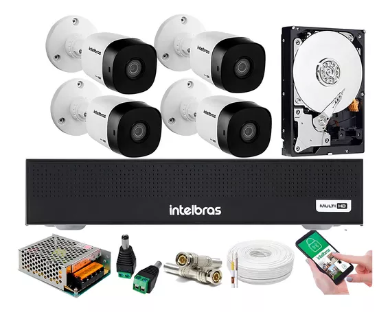 Kit 4 Cameras Intelbras 1120b Dvr 4 Canais Intelbras C/hd Cor Branco