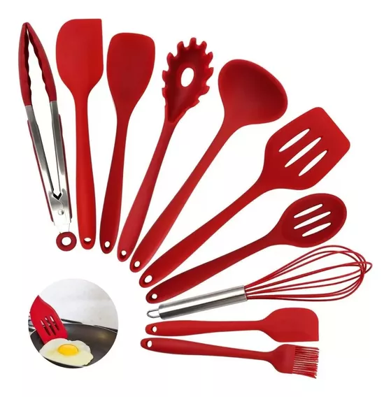 Jogo 10 Utensílios Silicone Vermelho Colher Concha Pegador