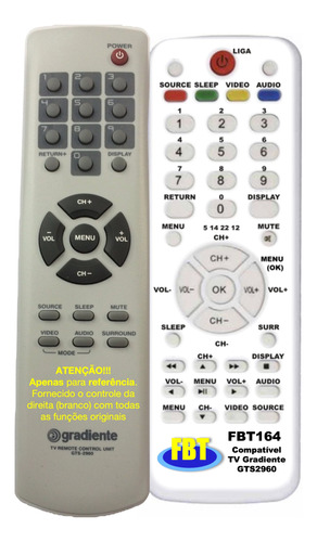 Controle Remoto Para Tv Gradiente Ts2960 Fbt 164