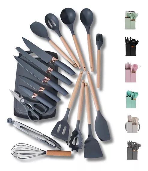 Kit 19 Utensílios De Cozinha Em Silicone E Cabo De Madeira