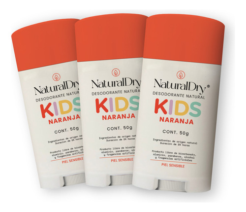 Kit 3 desodorantes niños en barra Naturaldry sin bicarbonato naranja