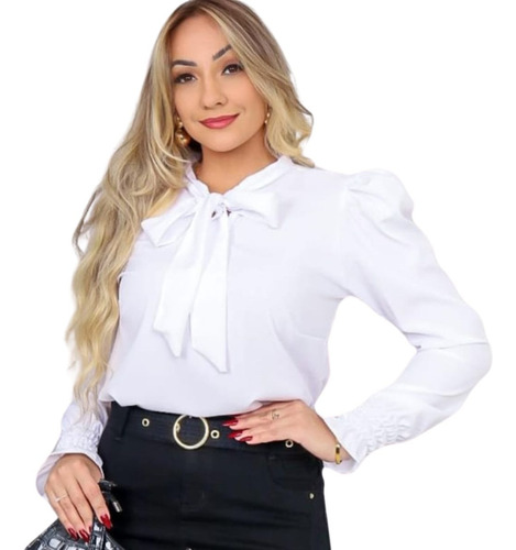 Camisa Feminina Social Elegante Manga Longa Gola Laço M G Gg