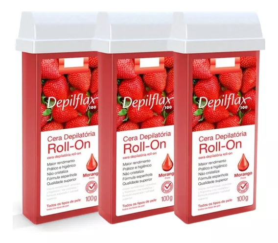 Kit 3 Ceras Roll-on Depilatória Morango Hidratante Depilflax