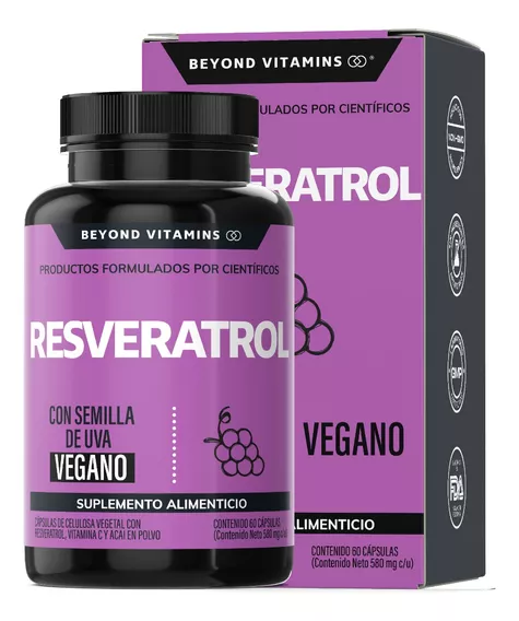 Resveratrol 100% Vegano | Suplemento Alimenticio Con Pimienta Negra Para Mejor Absorción, Vitamina C, Semilla De Uva Y Acai Beyond Vitamins | Sin Sabor - 60 cápsulas