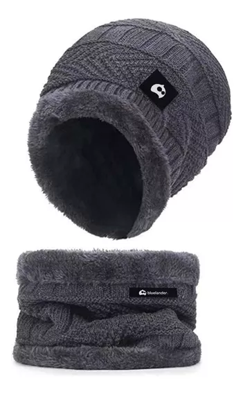 Gorro Bufanda Conjunto Para Frio Invierno Unisex Tejido Lana Color Gris Diseño de la tela Liso