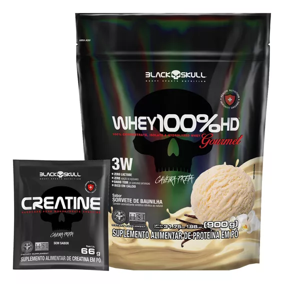 Combo De Suplementos Whey Protein Gourmet 100% Hd Refil 900g Sorvete De Baunilha +creatina Sem Sabor - Black Skull