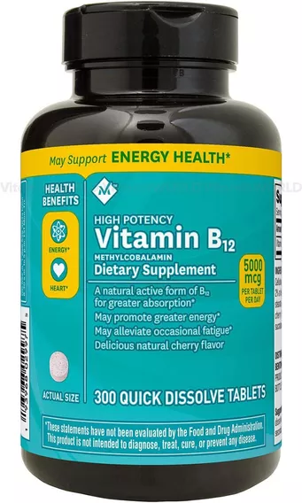 Vitamina B12 Sublingual 5000mcg Metilcobalamina 300 Tabs Sabor Sin Sabor de Members Mark Puede promover una mayor energía Puede aliviar la fatiga ocasional Delicioso sabor a cereza natural