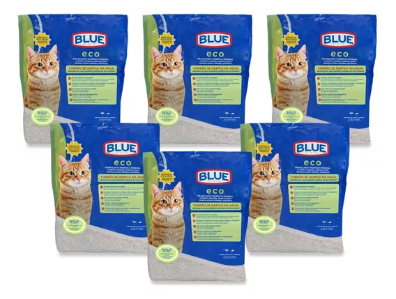 Kit 6 Areia Higiênica Bio P/ Gatos 2kg Eco Blue - Pp440