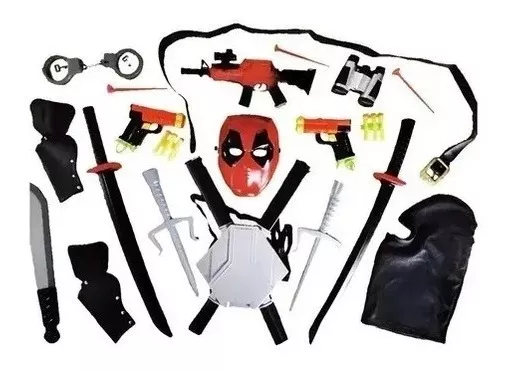 Mega Fantasia Deadpool Pistola Metralha Katana Binoculo Faca