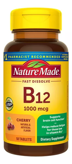 Vitamina B12 1000 Mcg Sublingual Nature Made 50 Pastillas Sabor Cereza en tabletas de raida disolucion para apoyo a una optima funcion celular reduce la fatiga y agotamiento fisico