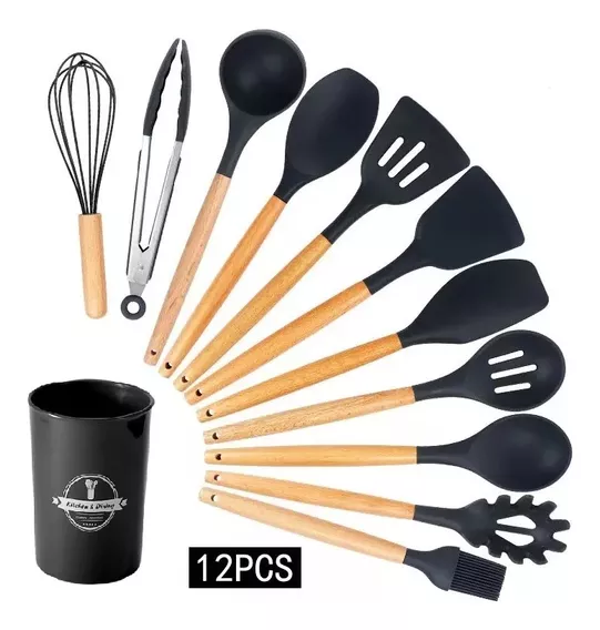 Kit 12 utensílios de cozinha silicone cabo madeira escumadeira cor preto