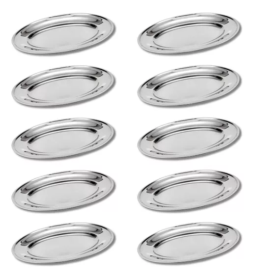 10x Bandeja Oval Aço Inox Rasa Travessa 25cm Porção Comercio