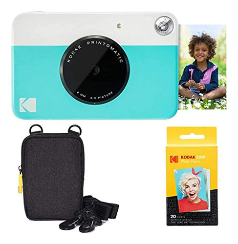 Cámara Instantánea Kodak Printomatic (azul), Paquete Básico, Papel Zincado (20 Hojas), Funda De Lujo Y Cómoda Correa Para El Cuello