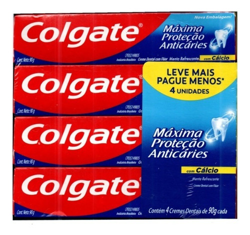 Dentrífico Colgate Máxima Proteção Anticáries menta refrescante em creme pacote de 4 unidades 90g cada