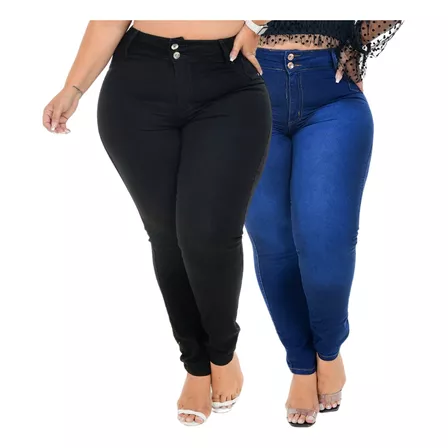 Kit2 Calça Plus Size Feminina Jeans Cintura Alta Top Lycra