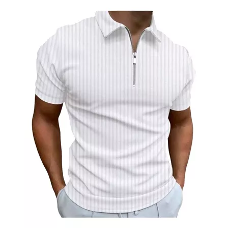 Camiseta Polo Manga Curta Com Ziper Masculina Malha Canelada