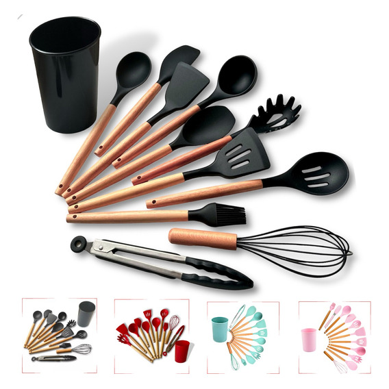 Kit C/12 Utensílios De Cozinha Silicone Cabo Madeira