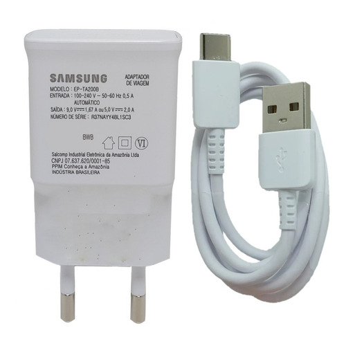 Carregador Samsung EP-TA200B usb-c de parede com cabo Branco carregamento rápida Fabricado no Brasil