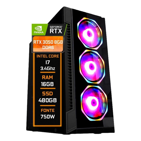 Pc Gamer Fácil Intel I7 16gb Rtx 3050 8gb Ssd 480gb 750w