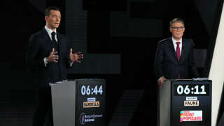 French far-right Rassemblement National (RN) party President and lead MEP Jordan Bardella (L) speaks next to First Secretary of the French left-wing Socialist Party (PS) and member of parliament Olivier Faure (2L) and French Prime Minister Gabriel Attal (2R) during a political debate broadcasted on French TV channel France 2 in Paris on June 27, 2024, ahead of France's snap elections for a new national assembly. (Photo by Dimitar DILKOFF / POOL / AFP)