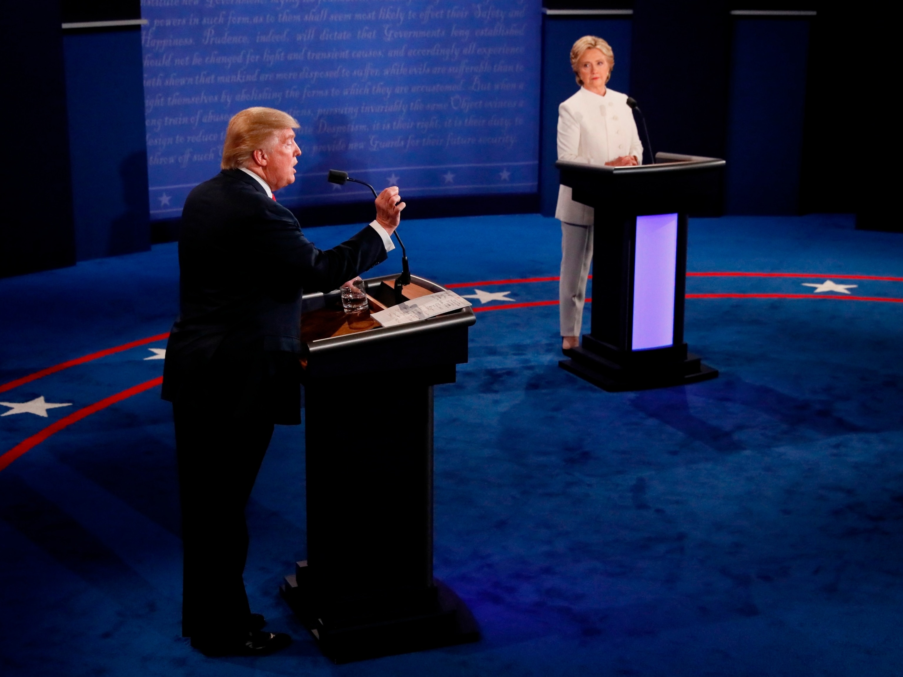PHOTO: Republican nominee Donald Trump speaks as Democratic nominee Hillary Clinton looks on during the final presidential debate at the Thomas & Mack Center on the campus of the University of Las Vegas in Las Vegas, Oct. 19, 2016. 
