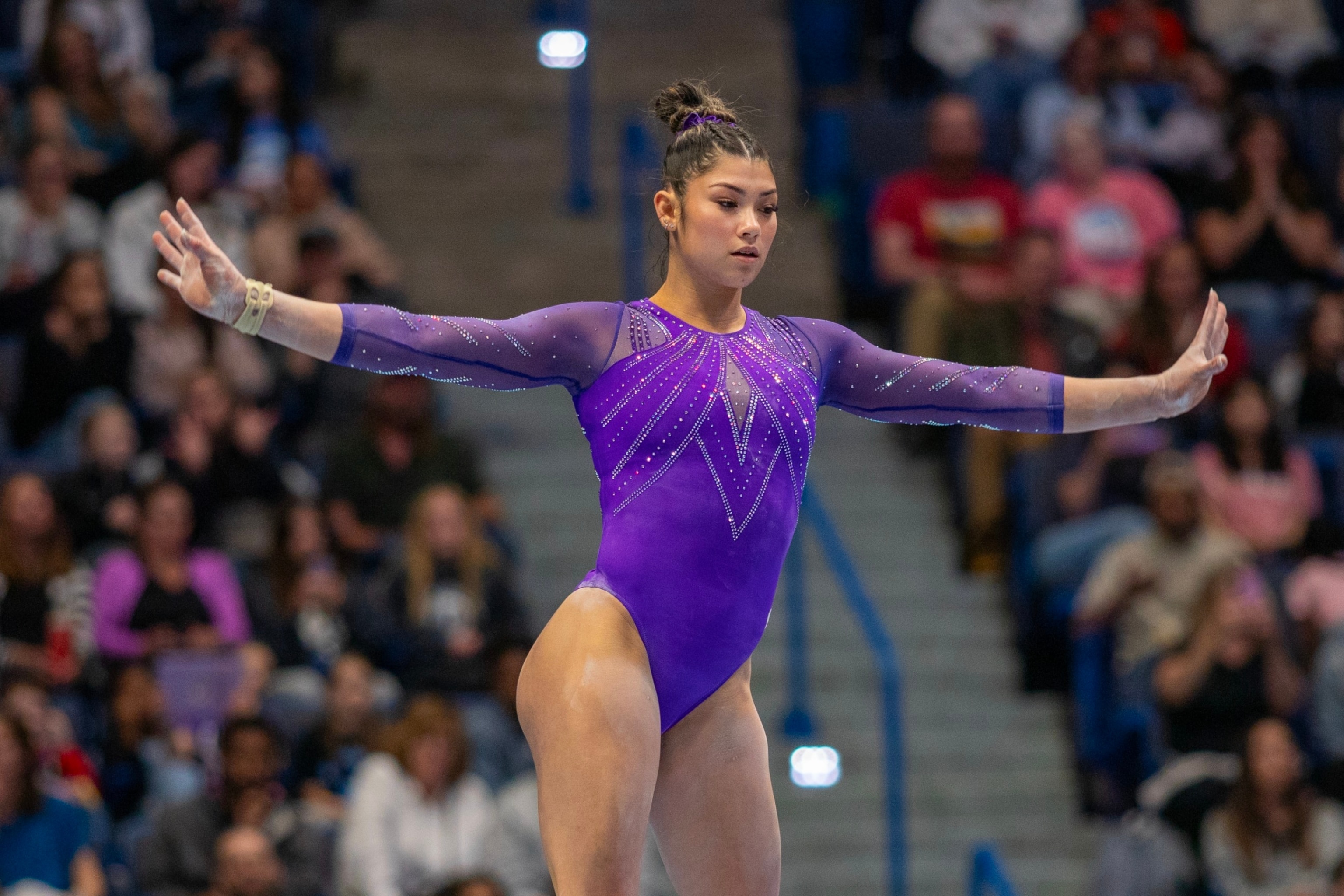 PHOTO: Kayla DiCello performs her balance beam routine during the 2024 Core Hydration Gymnastics Classic at the XL Centre, May 18, 2024, in Hartford, Conn. 