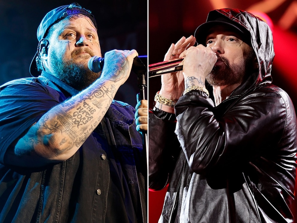 PHOTO: Jelly Roll performs during 107.5 The River's River, June 17, 2024, in Nashville, Tenn. Eminem performs onstage during the 37th Annual Rock & Roll Hall of Fame Induction Ceremony at Microsoft Theater, Nov. 5, 2022, in Los Angeles.