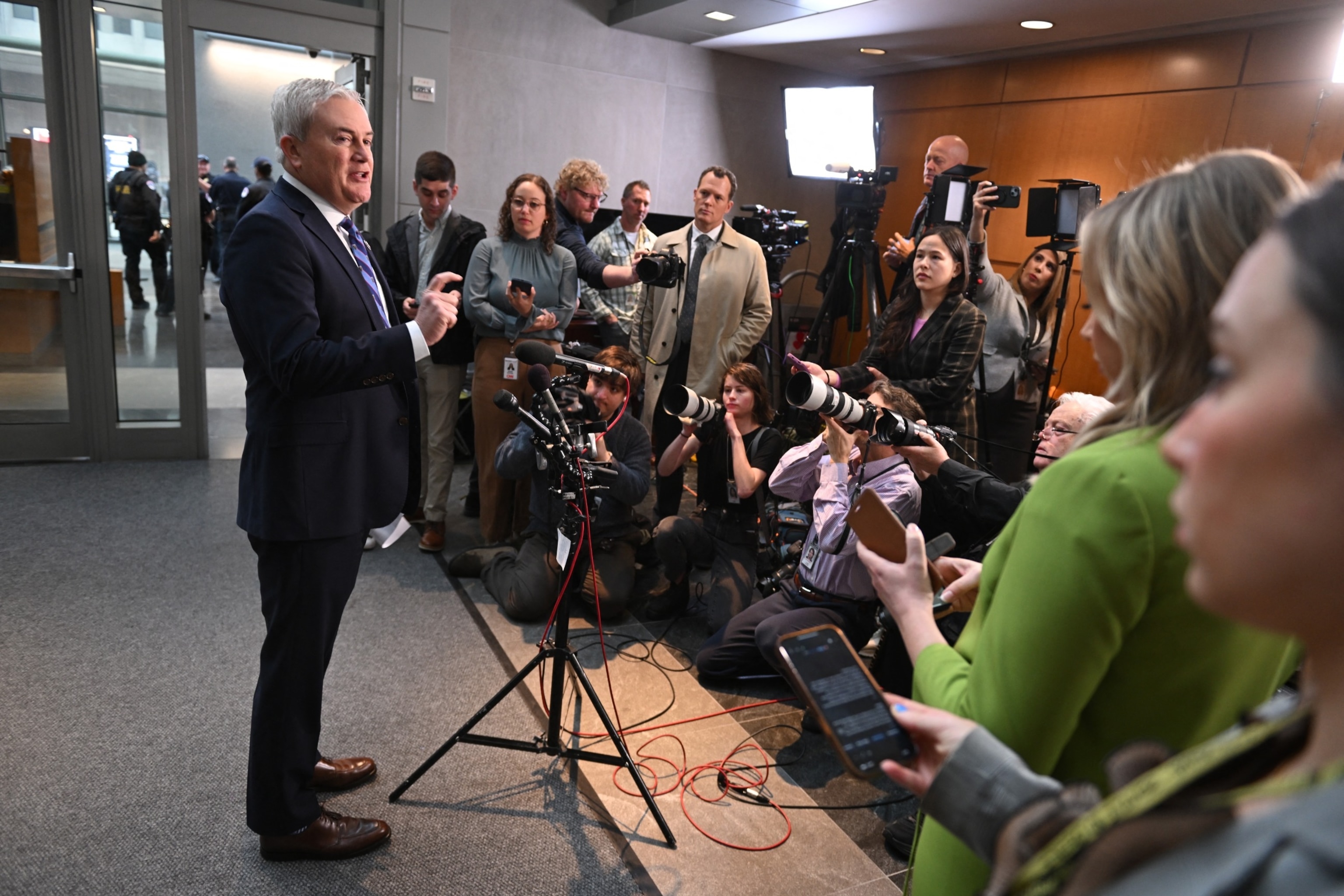 PHOTO: Representative and Chairman of the House Oversight Committee, James Comer speaks to the press before Hunter Biden arrives for a closed-door deposition with  the Oversight and Judiciary committees on Capitol Hill in Washington, DC, Feb. 28, 2024.