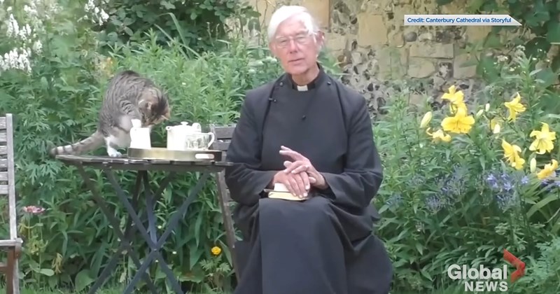 video of a cat drinking milk behind a Dean giving a sermon | thumbnail includes one picture of a Dean giving a sermon and a cat on a table behind him