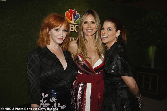 Gal pals: Heidi posed up a storm with Christina Hendricks (L) and Debra Messing (R)