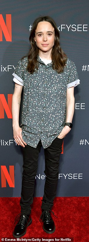 Reunited! The Umbrella Academy's Ellen Page donned a patterned top at the FYC Emmy screening event for her Netflix show at Raleigh Studios in LA on Saturday