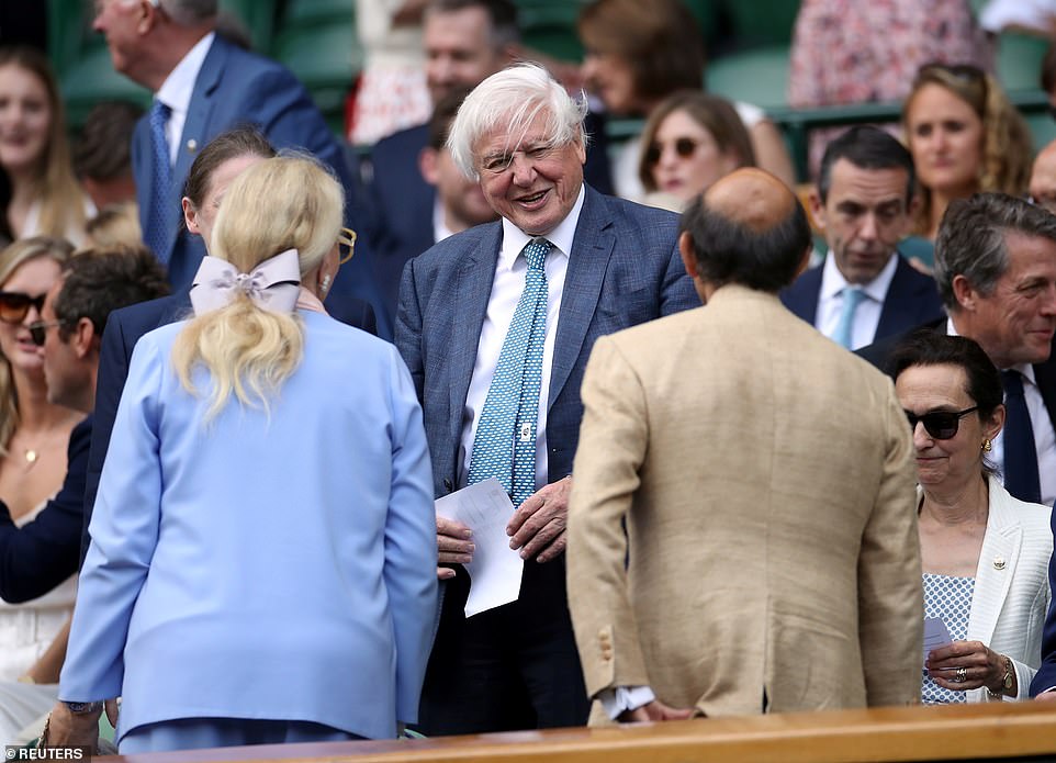 Holding court: David Attenborough spoke to Princess Michael of Kent and Aftab Jafferjee QC, right, during a break from play