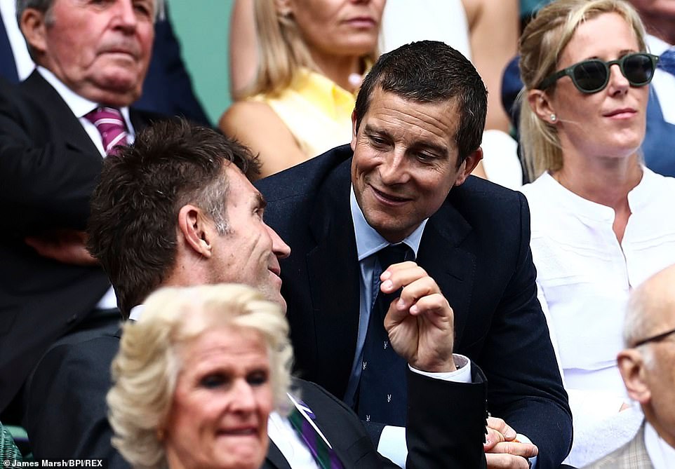 Relaxed: Australian tennis star Pat Cash, left, leans back to speak to TV adventurer Bear Grylls, centre, in the Royal Box