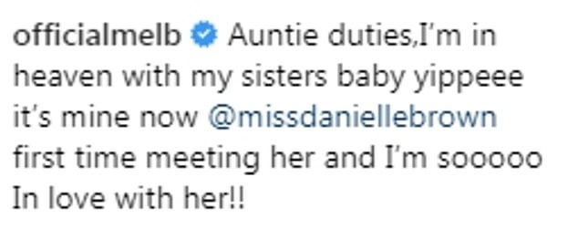 Auntie Spice! Mel B revealed she has finally met her new niece as she shared a sweet snap cuddling the infant on Wednesday