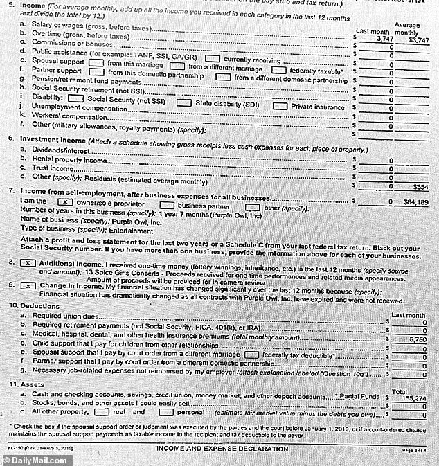 In her filing, Mel included listed her income, claiming she made a monthly salary of $3,747; $64,189 in income from self employment and has $155,274 in assets