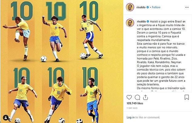 Rivaldo took to Instagram to vent his frustration with Brazil giving Lucas Paqueta the no10 shirt