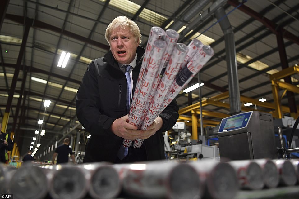 The Opinium survey is likely to have buoyed Mr Johnson's spirits, pictured in Hengoed in south Wales this afternoon, as it suggests he is still on course to win a majority