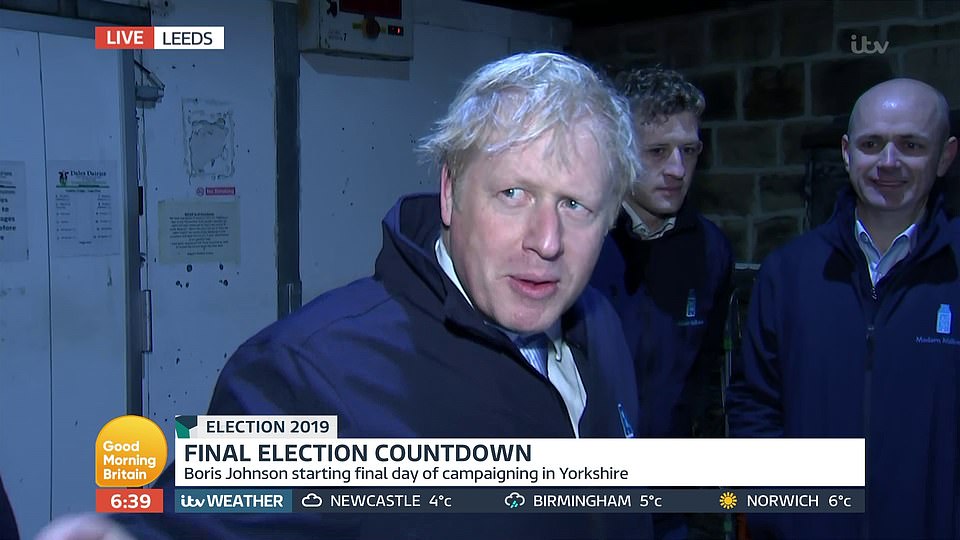 Mr Johnson started his day in Pudsey, West Yorkshire, this morning, but refused to appear live on GMB as he went on a milk round in a marginal constituency