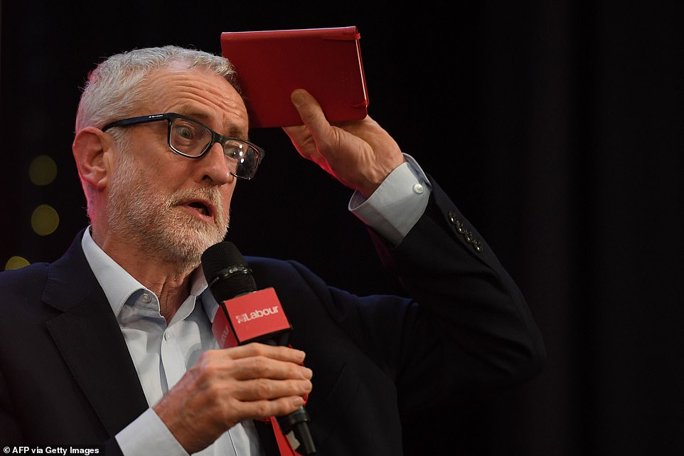 Jeremy Corbyn speaks at a general election campaign event with a little red book on the final day of campaigning, in Bedford