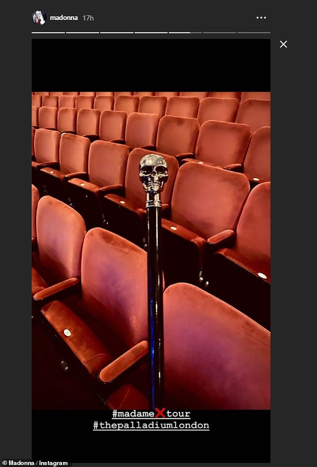 Trooper: Referencing her ongoing injuries, the singer shared an Instagram photo of her skull-topped cane leaning against the seats of the London Palladium after Wednesday's show