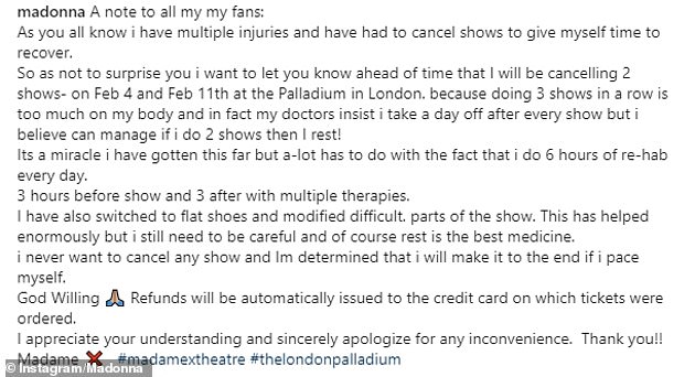 Honest: The songstress recently took to Instagram to announce that two more of her shows in the capital had been called off on doctors' orders