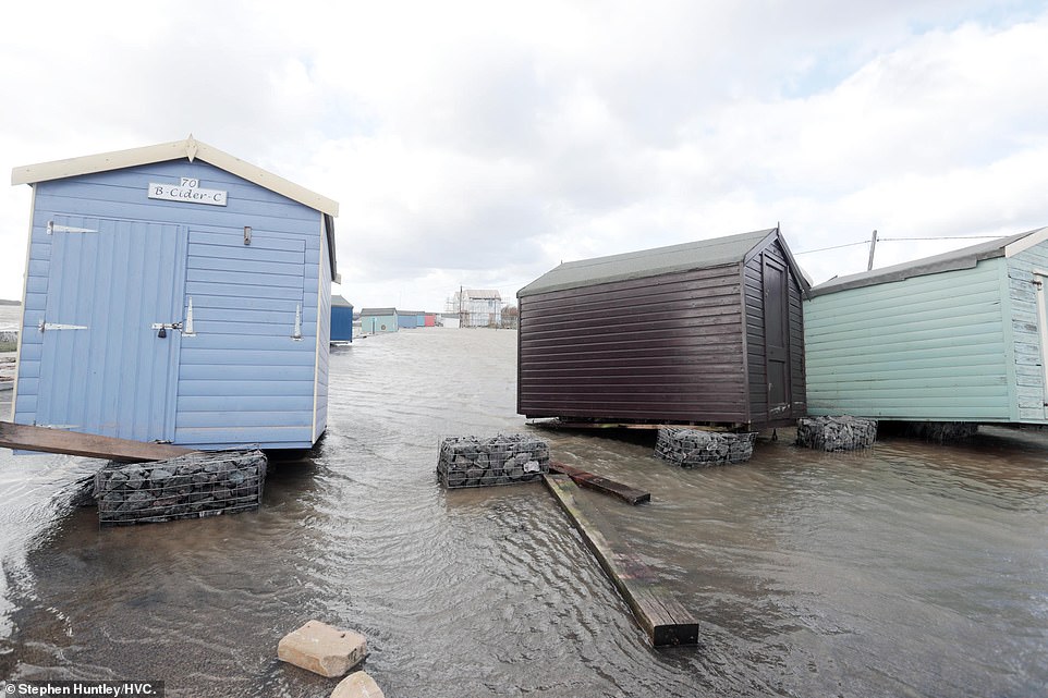 Water had surrounded the Brightlingsea area and some beach huts were left displaced due to the poor weather conditions which have struck much of the country