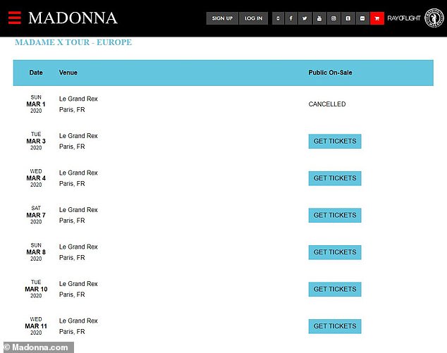 CANCELED: Madonna's official web page listed the Sunday evening show as 'CANCELED' after sending out emails to ticket holders