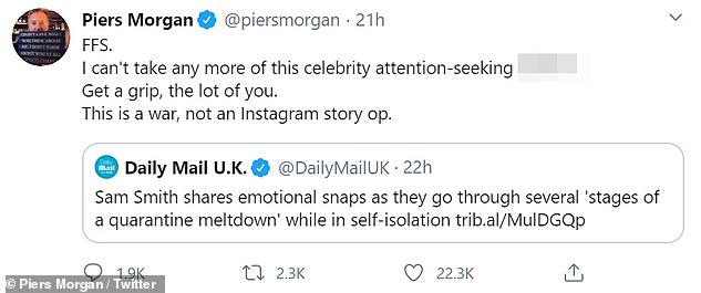 Hitting out: Taking to Twitter to share his reaction to Sam's snaps, Piers told the Writing's On The Wall hitmaker to 'get a grip'