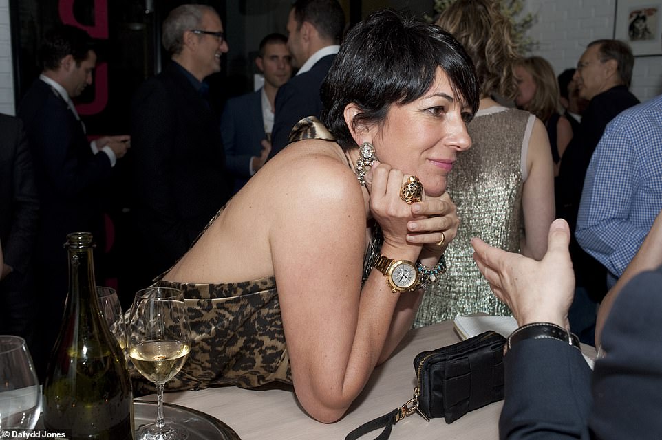 Dripping in Jewels: Ghislaine Maxwell (pictured) dressed in a stunning animal print dress at Miami Art fair party in 2011