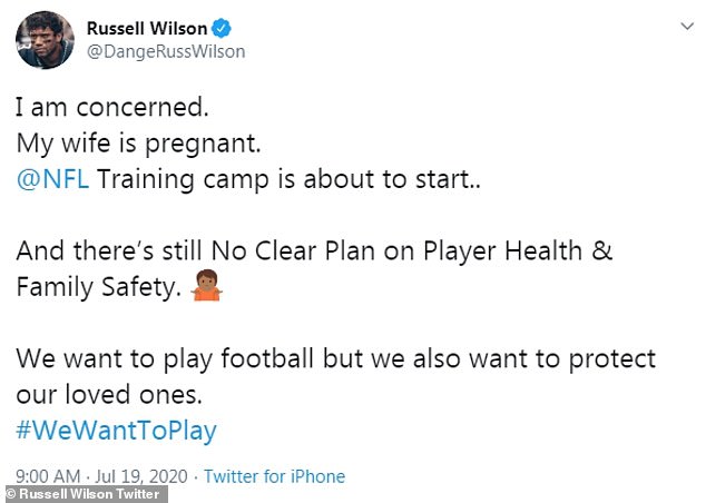 Expressed fears: '@NFL Training camp is about to start.. And there's still No Clear Plan on Player Health & Family Safety,' the Seattle Seahawks quarterback, 31, tweeted on Sunday